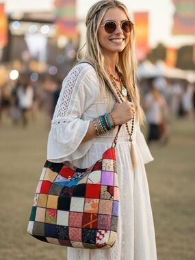Lucky Brand Patchwork bag multicolor ‘Respect Nature and Go Green’ boho artsy